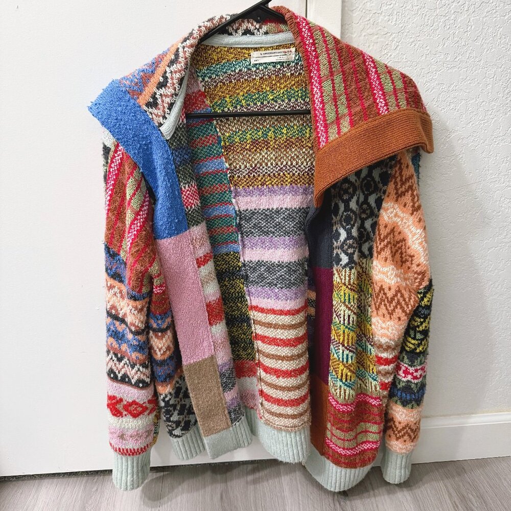 Anthropologie wool chuncky bohemian sweater -Abstract Patchwork Cardigan